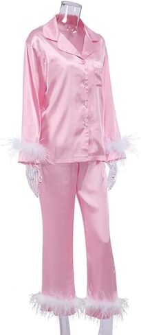 NUFIWI Stain Long Sleeve Button Down Pajamas Suit with Feather Trim Solid Color Sleepwear Set 2022 Summer Fashion Nightwear in Kuwait