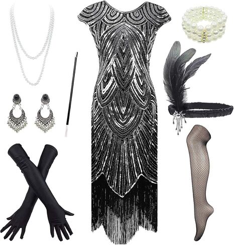 FUNDAISY 1920s Flapper Dress Roaring 20s Great Gatsby Fringed Sequin Dress Accessories Set in Kuwait
