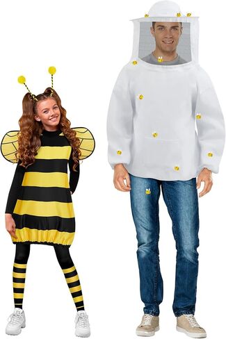 Ramede 2 Sets Halloween Bee Costume Set Beekeeper Jacket kit Bee Cosplay Costume Beekeeping Suit Fancy Dress Bee Outfit for Kids Women Men Parent Child Halloween Cosplay Party Supplies in Saudi Arabia