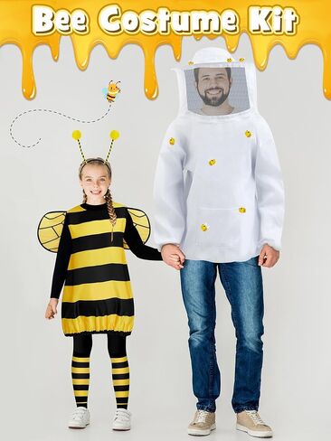Ramede 2 Sets Halloween Bee Costume Set Beekeeper Jacket kit Bee Cosplay Costume Beekeeping Suit Fancy Dress Bee Outfit for Kids Women Men Parent Child Halloween Cosplay Party Supplies in Saudi Arabia