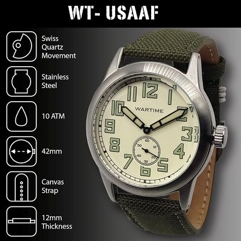WW2 Military Watch – Vintage USAAF Watch, Swiss-Quartz Movement with Canvas strap and leather lining, 10 ATM Water Resistant. The Perfect WW2 Memorabilia. Mens Watches for Ever in Kuwait