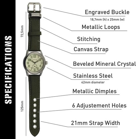 WW2 Military Watch – Vintage USAAF Watch, Swiss-Quartz Movement with Canvas strap and leather lining, 10 ATM Water Resistant. The Perfect WW2 Memorabilia. Mens Watches for Ever in Kuwait