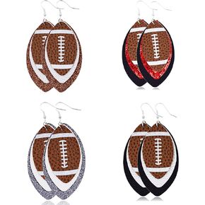 4 Pairs Colorful Layered Football Leather Dangle Earrings Set Glitter Faux Leather Football Sports Lover Teardrop Earrings for Women Girls Jewelry