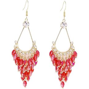 LAXPICOL Fashion Bohemian Long Earrings Clear Crystal Chandelier Fish Hook Earrings For Women Golden Tone