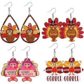 4 Pairs Fall Thanksgiving Drop Dangle Earrings for Women Lightweight Autumn Wooden Teardrop Earrings Cute Colorful Pumpkin Maple Leaf Sunflower Turkey Earrings in Saudi Arabia