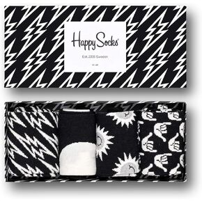 Happy Socks، علبة هدايا متنوعة من الجوارب القطنية الفاخرة الملونة مكونة من 4 أزواج للرجال والنساء، صندوق هدايا باللونين الأسود والأبيض (9-11) in Saudi Arabia