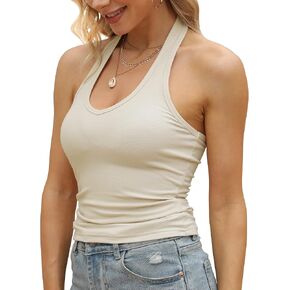 GEMBERA Womens Backless Halter Neck Front V Neck Camisole Casual Fitted Teen Tank Tops Summer Basic Shirts