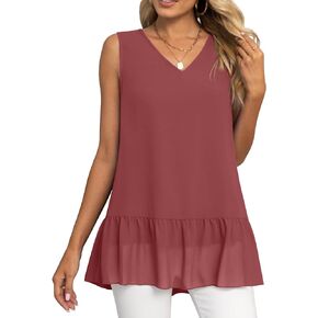 VIISHOW Women's 2023 Summer Sleeveless V Neck Chiffon Tank Top Double Layers Ruffle Hem Casual Blouse Tunic