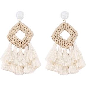 Bohemia Tassel Earrings Statement Handmade Dangle Ethnic Fringe Earrings Bamboo Weaving Geometric Square Sector Gifts for Women Girls
