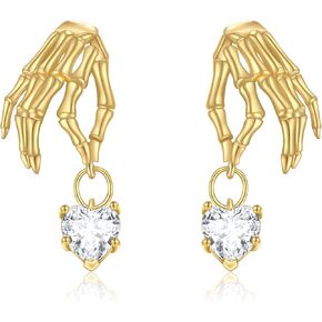 14K Solid Gold Skull Earrings for Women Real 14K Gold Moissanite Skeleton Hand Drop Earrings Gothic Skull Jewelry Gifts for Women Girls