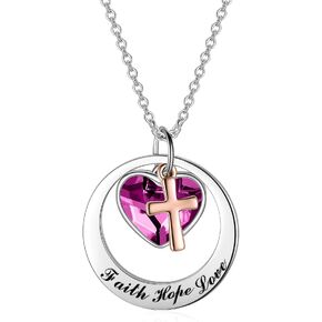 AOBOCO Two-Tone Sterling Silver and Rose Gold or Gold-Faith Hope Love Cross Charm Pendant Necklace with Austrian Crystal