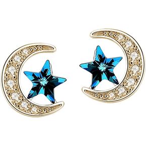 SLUYNZ 925 Sterling Silver Star Moon Earrings Studs for Women Girls Moon Studs Earrings Blue Crystal Cubic Zirconia Earrings