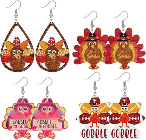 4 Pairs Fall Thanksgiving Drop Dangle Earrings for Women Lightweight Autumn Wooden Teardrop Earrings Cute Colorful Pumpkin Maple Leaf Sunflower Turkey Earrings in Kuwait