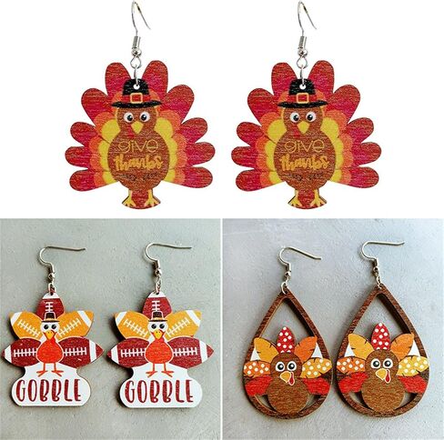 4 Pairs Fall Thanksgiving Drop Dangle Earrings for Women Lightweight Autumn Wooden Teardrop Earrings Cute Colorful Pumpkin Maple Leaf Sunflower Turkey Earrings in Kuwait