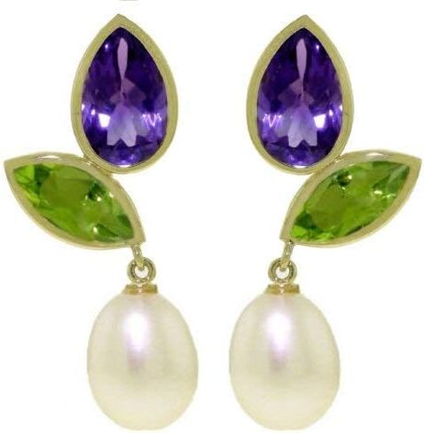 Galaxy Gold GG 14k Solid Yellow Gold Dangle Earrings with Natural Amethysts,Natural Peridots and Natural Pearls in Saudi Arabia