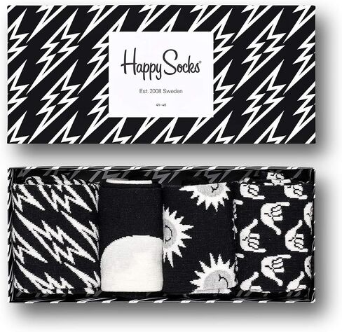 Happy Socks, Assorted Colorful Premium Cotton Sock 4 Pair Gift Box for Men and Women, Black And White Gift Box (9-11) in Saudi Arabia