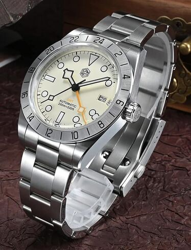 ساعات سان مارتن أوتوماتيكية بتوقيت مزدوج للرجال، NH34 Movment SN0054 ساعة يد 39 ملم من زجاج الياقوت ساعة ميكانيكية 10ATM مقاومة للماء للرجال in Kuwait