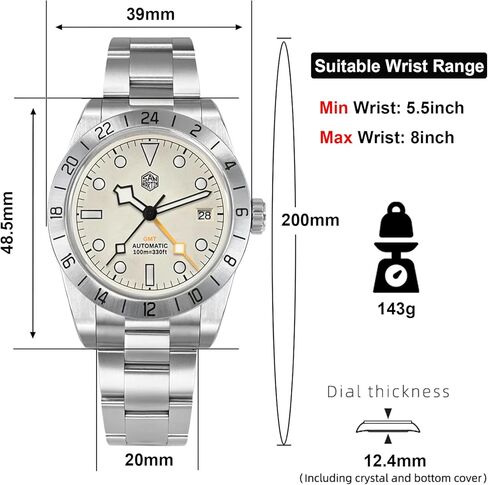 ساعات سان مارتن أوتوماتيكية بتوقيت مزدوج للرجال، NH34 Movment SN0054 ساعة يد 39 ملم من زجاج الياقوت ساعة ميكانيكية 10ATM مقاومة للماء للرجال in Kuwait