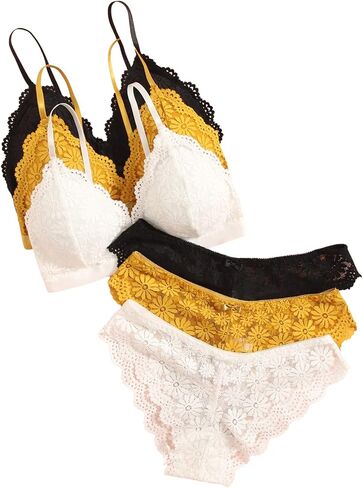 Floerns Women's 3 Pack Lingerie Set Contrast Lace Matching Bra And Panty Set in Saudi Arabia