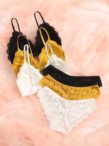 Floerns Women's 3 Pack Lingerie Set Contrast Lace Matching Bra And Panty Set in Saudi Arabia