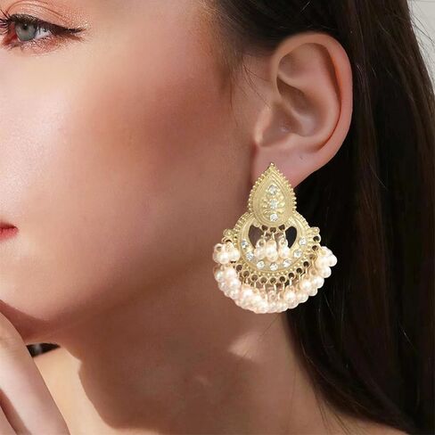 أقراط الثريا الهندية التقليدية المتدلية للنساء والفتيات Jhumka Jhumki الأذن بيان ترصيع القرط المكسيك شرابة تقليد اللؤلؤ تشيكوسلوفاكيا المتدلية خفيفة الوزن البوهيمي بوليوود خمر هدايا مجوهرات الزفاف in Kuwait