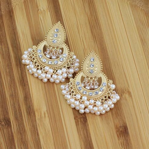 أقراط الثريا الهندية التقليدية المتدلية للنساء والفتيات Jhumka Jhumki الأذن بيان ترصيع القرط المكسيك شرابة تقليد اللؤلؤ تشيكوسلوفاكيا المتدلية خفيفة الوزن البوهيمي بوليوود خمر هدايا مجوهرات الزفاف in Kuwait