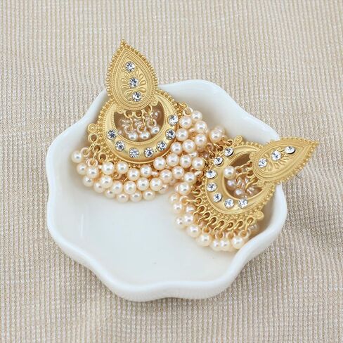 أقراط الثريا الهندية التقليدية المتدلية للنساء والفتيات Jhumka Jhumki الأذن بيان ترصيع القرط المكسيك شرابة تقليد اللؤلؤ تشيكوسلوفاكيا المتدلية خفيفة الوزن البوهيمي بوليوود خمر هدايا مجوهرات الزفاف in Kuwait