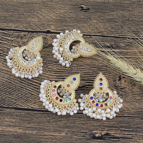 أقراط الثريا الهندية التقليدية المتدلية للنساء والفتيات Jhumka Jhumki الأذن بيان ترصيع القرط المكسيك شرابة تقليد اللؤلؤ تشيكوسلوفاكيا المتدلية خفيفة الوزن البوهيمي بوليوود خمر هدايا مجوهرات الزفاف in Kuwait