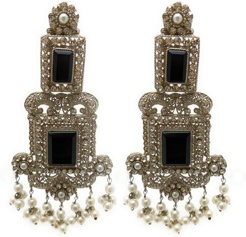 Duel On Jewel هندي باكستاني مطلي بالذهب والفضة والزركون واللؤلؤ Jhumka Chandbala أقراط الثريا المتدلية مع سلاسل الشعر - هدية مهرجان الزفاف in Kuwait