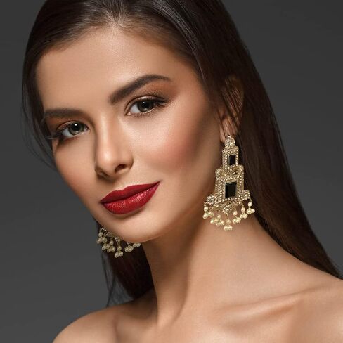 Duel On Jewel هندي باكستاني مطلي بالذهب والفضة والزركون واللؤلؤ Jhumka Chandbala أقراط الثريا المتدلية مع سلاسل الشعر - هدية مهرجان الزفاف in Kuwait