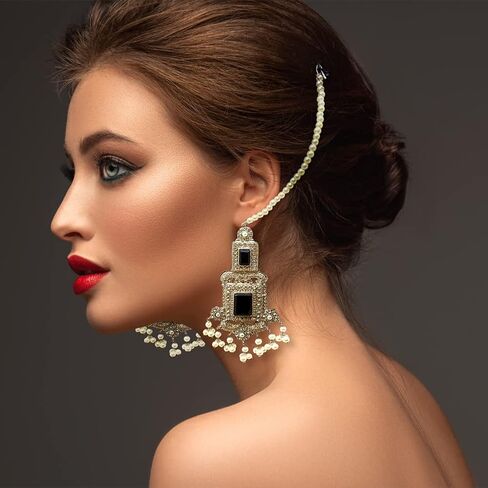 Duel On Jewel هندي باكستاني مطلي بالذهب والفضة والزركون واللؤلؤ Jhumka Chandbala أقراط الثريا المتدلية مع سلاسل الشعر - هدية مهرجان الزفاف in Kuwait