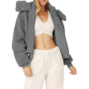 Tankaneo Womens Winter Sherpa Cropped Jackets Cozy Zipper Fleece Coats with Hooded