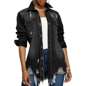 DvaeMalligo Distressed Jean Jacket for Women Ripped Long Sleeve Oversized Denim Trucker Jackets