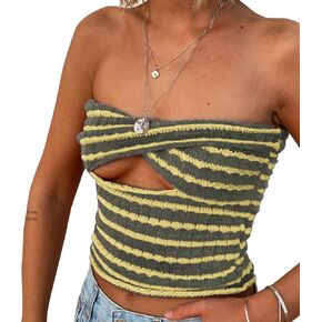 Meladyan Women Twist Front Striped Cutout Knitted Crop Tube Top Bandage Strapless Sleeveless Bandeau Cropped Shirt