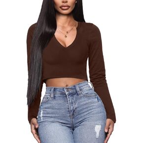 Women's Long Sleeve Cutout V Notch Crop Top Sexy Slim Fitted Basic Crop Tops Tees in Saudi Arabia