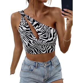 WDIRARA Women's Zebra Print Cut Out One Shoulder Sleeveless Crop Tank Top