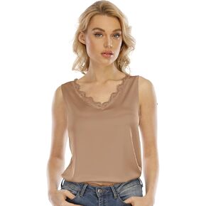 Miqieer Women's Silk V Neck Camisole Lace Racerback Tank Tops Casual Loose Sleeveless Blouse Shirts in Saudi Arabia
