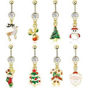 NASAMA 8 Pcs Christmas Dangle Belly Button Rings Navel for Women Curved Barbell Piercing 14G CZ Christmas Themed Piercing Set in Kuwait