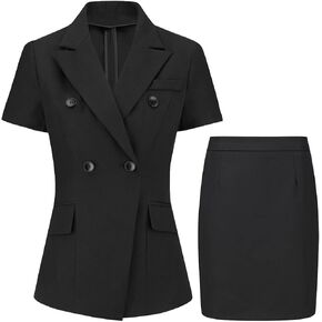 YYNUDA Women's Business Skirt Suit Set Formal Short Sleeve Double Breasted Solid Color Blazer Suit Set
