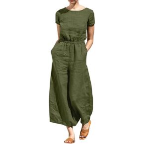 bothandy Women Summer Short Sleeve Casual Loose Wide Legs Pants Elastic Waist Jumpsuits with Pockets