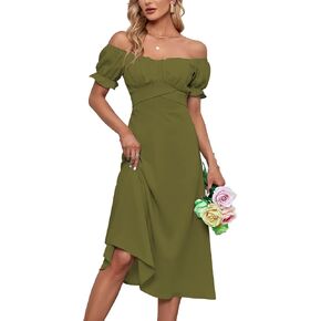 LYANER Women's Off Shoulder Wrap Ruffle Puff Short Sleeve Ruched Tie Back Dress in Saudi Arabia