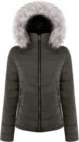 BodiLove Women's Belted Down Puffer Jacket with Faux Fur Trim HoodÉ in Kuwait