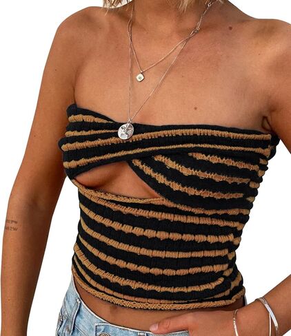 Meladyan Women Twist Front Striped Cutout Knitted Crop Tube Top Bandage Strapless Sleeveless Bandeau Cropped Shirt in Kuwait