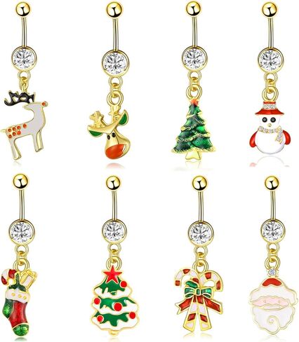 NASAMA 8 Pcs Christmas Dangle Belly Button Rings Navel for Women Curved Barbell Piercing 14G CZ Christmas Themed Piercing Set in Kuwait