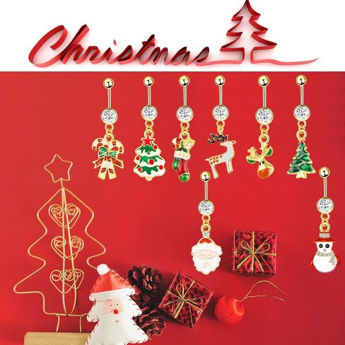 NASAMA 8 Pcs Christmas Dangle Belly Button Rings Navel for Women Curved Barbell Piercing 14G CZ Christmas Themed Piercing Set in Kuwait
