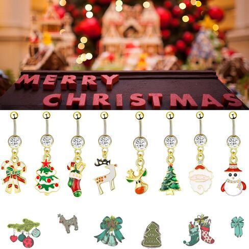 NASAMA 8 Pcs Christmas Dangle Belly Button Rings Navel for Women Curved Barbell Piercing 14G CZ Christmas Themed Piercing Set in Kuwait