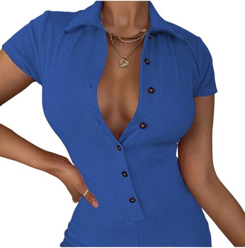 LYANER Women's Collar Button Front Short Sleeve One Piece Romper Playsuit Solid Bodysuit Royal Blue Medium in Saudi Arabia