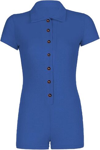 LYANER Women's Collar Button Front Short Sleeve One Piece Romper Playsuit Solid Bodysuit Royal Blue Medium in Saudi Arabia
