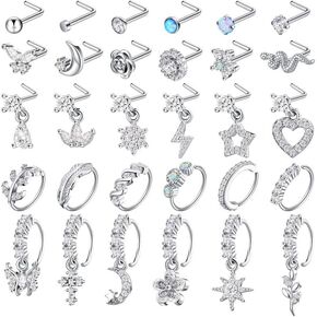 Trnayi 30 Pcs Dangling Nose Rings 20g Nose Ring Hoop L Shaped Stainless Steel Dangling Nose Studs Cute Nose Piercing Jewelry for Women