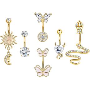 Fansilver 14G حلقات زر البطن للنساء حلقات البطن الفولاذية الجراحية المتدلية الأفعى عين الشر فراشة واضحة تشيكوسلوفاكيا حلقات السرة حزمة الحديد ثقب الجسم المجوهرات in Kuwait